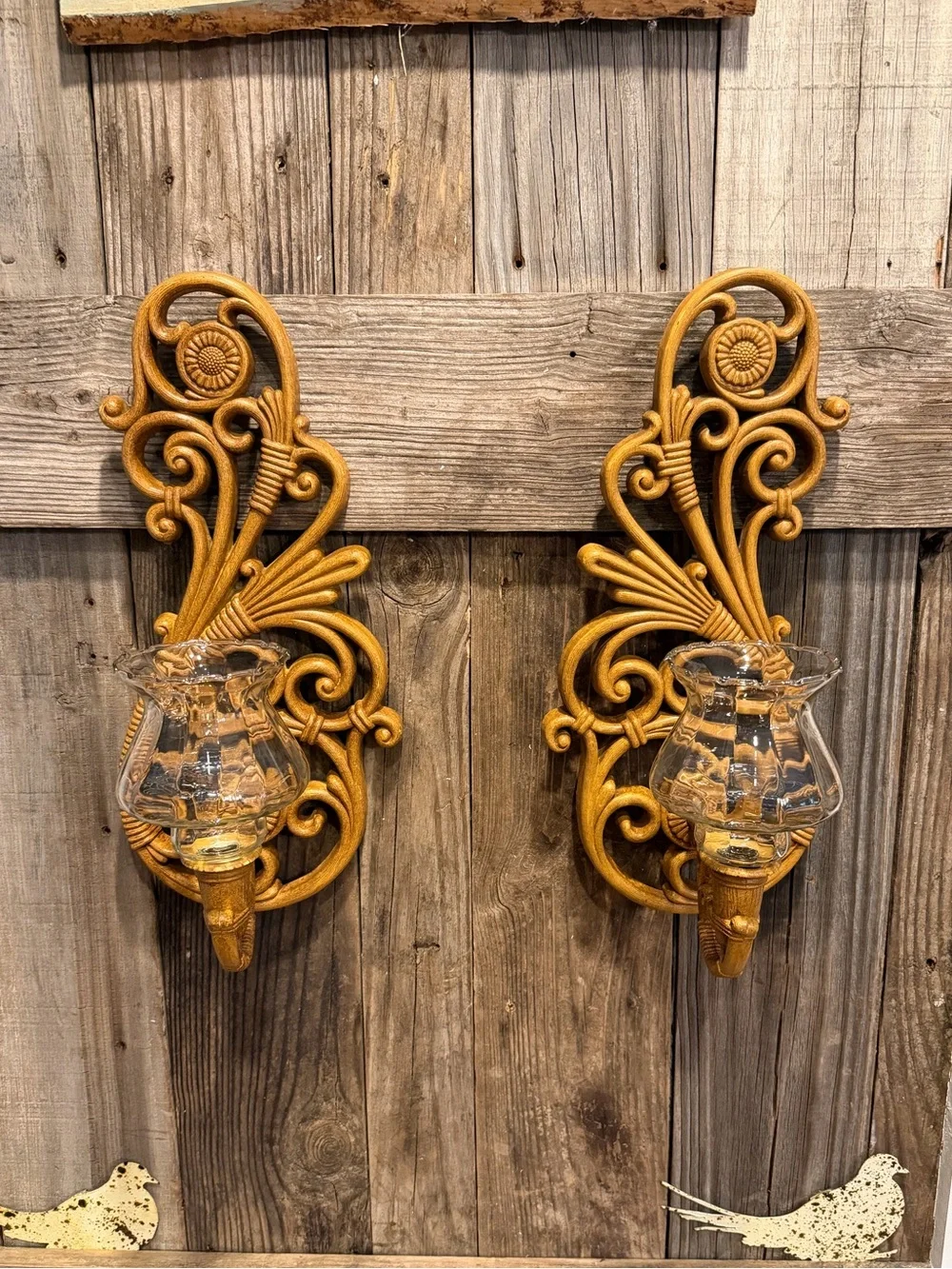 Vintage pair of 1970s BOHO farmhouse Dart faux rattan candle wall sconces